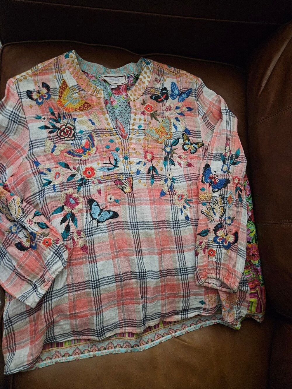 Johnny Was Pink Plaid Embroidered Butterfly Floral Top Large